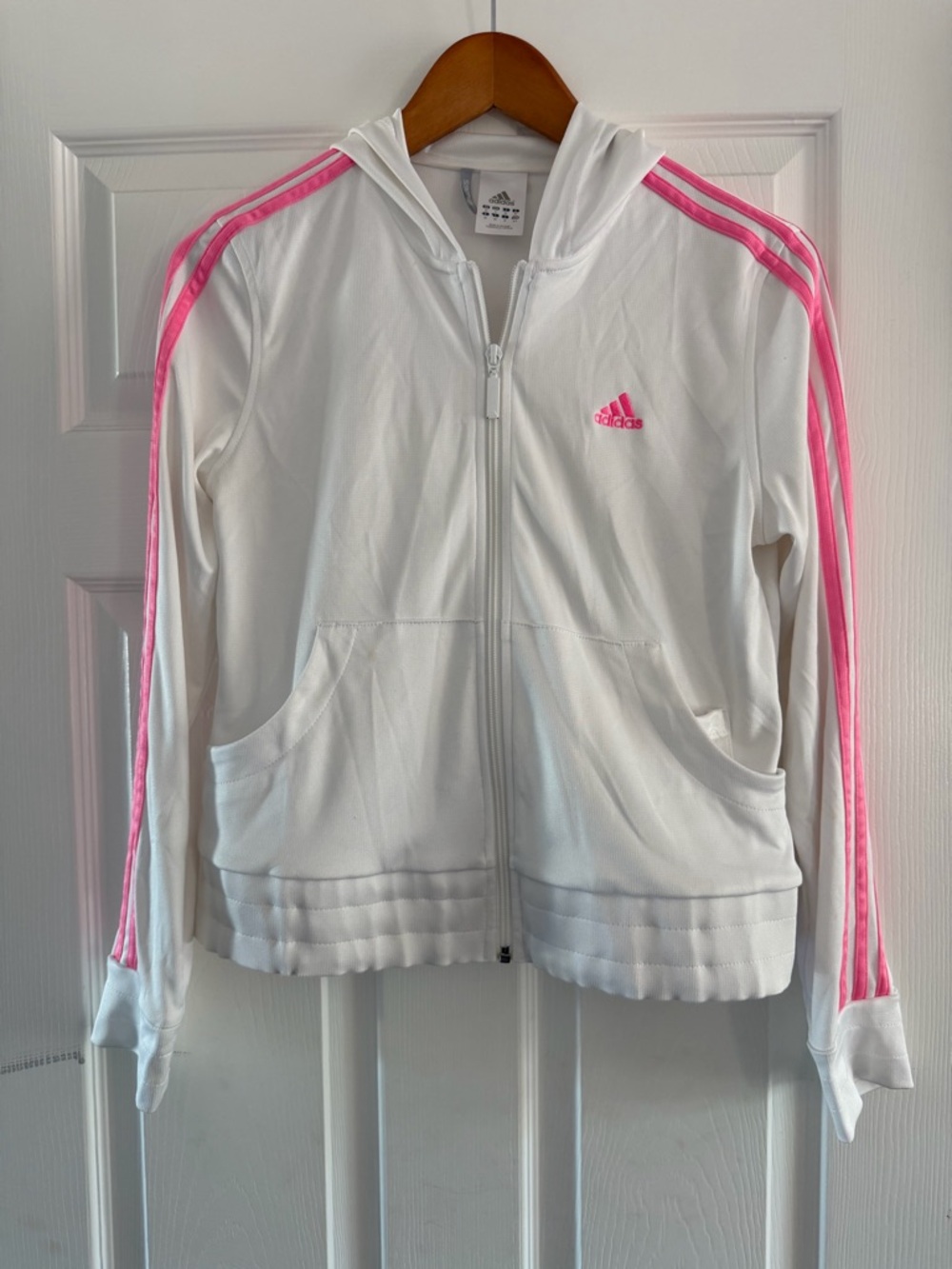adidas White Hooded Track Jacket with Pink Stripes